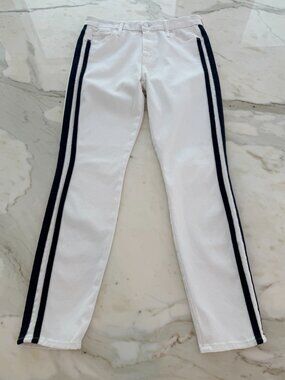 MOTHER THE LOOKER WHITE ANKLE GLASS SLIPPER NAVY RACER STRIPE JEANS SIZE US 28 N